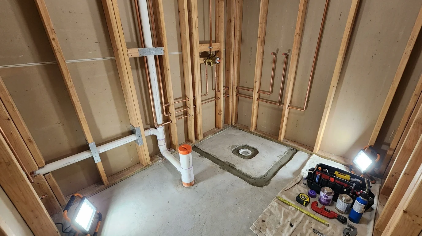 Bathroom rough-in plumbing during remodel by Johns Plumbing LLC in Queen City