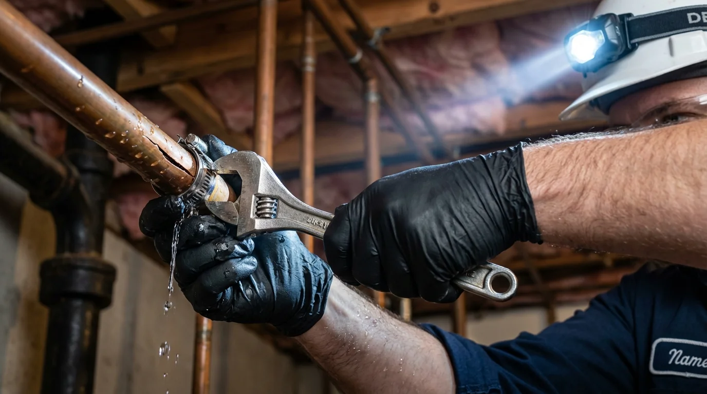 Emergency pipe clamp repair being performed by a Johns Plumbing LLC plumber in Queen City