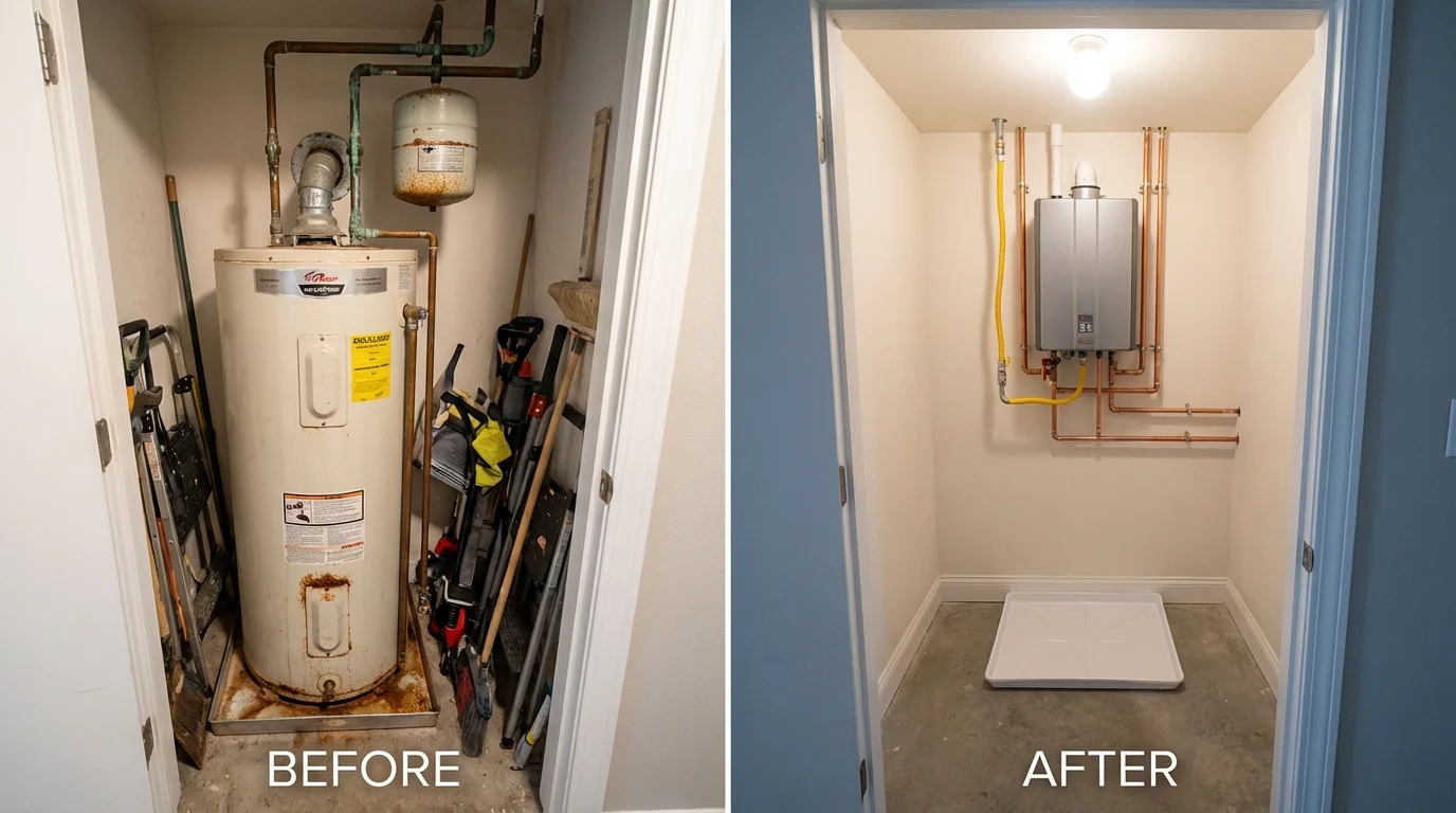 Tank water heater versus wall-mounted tankless unit comparison for Queen City, TX homeowners