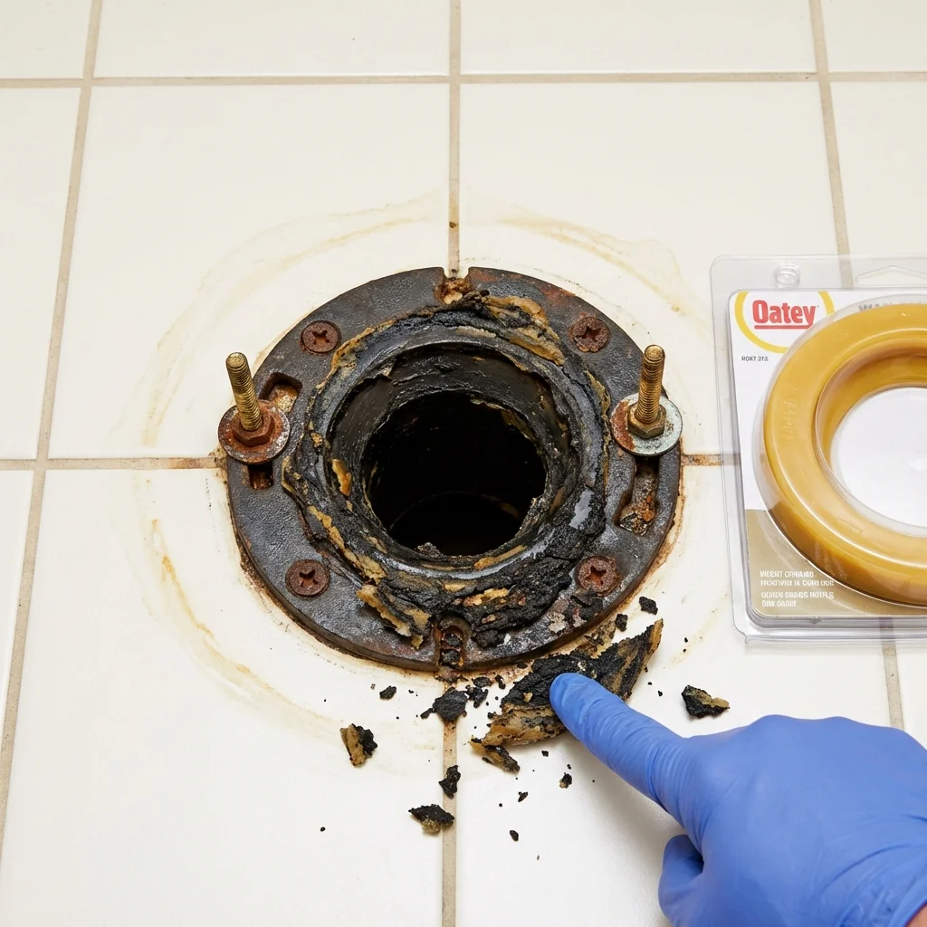 Failed wax ring showing water seepage at the base of a toilet in a Queen City, TX home