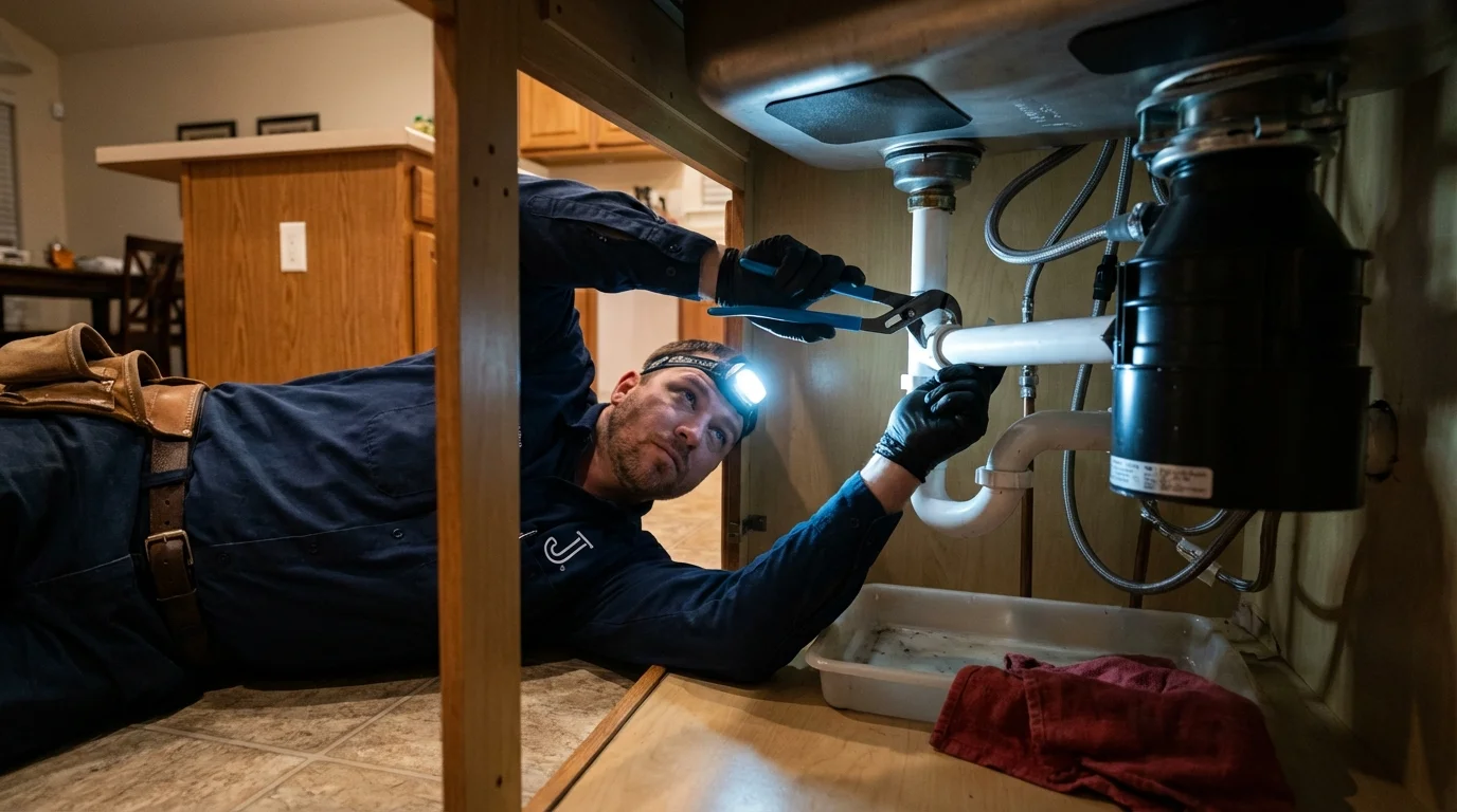 P-trap and supply line connections under a kitchen sink showing a common leak point in Queen City, TX